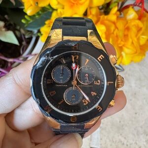 Michele Tahitian Chronograph Watch Rose Gold Tone Black Rubber Strap 5 ATM